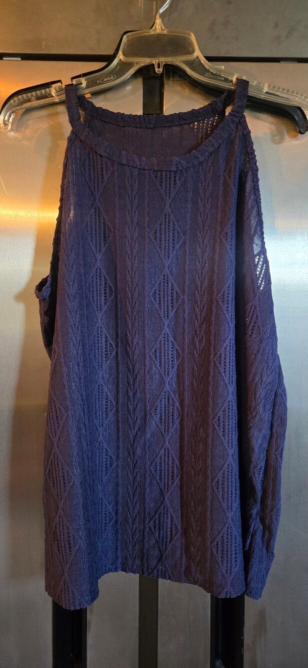 Shein Curve Navy Crochet Knit Cold Shoulder Long Sleeve Top Size 0XL